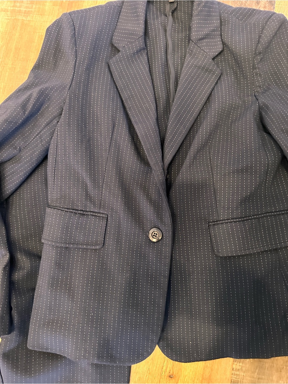 Amanda +chelsea ponte knit Navy Pinstripe Pant & Blazer Set jacket M pants 8 - Picture 2 of 10